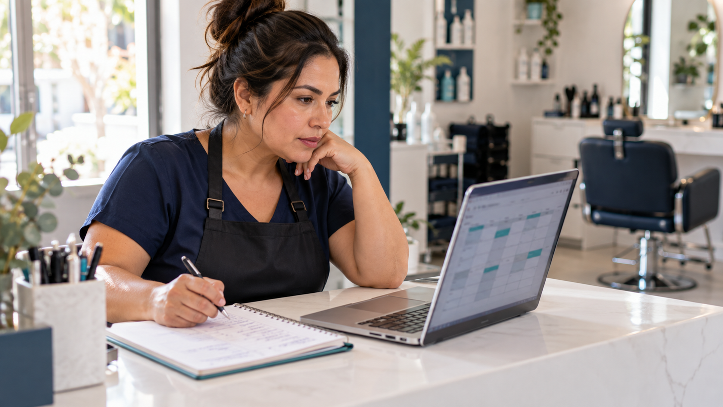Dueña de un salón revisa en su notebook una planilla de clientes con dos columnas de fechas, junto a una libreta con un cálculo a mano.