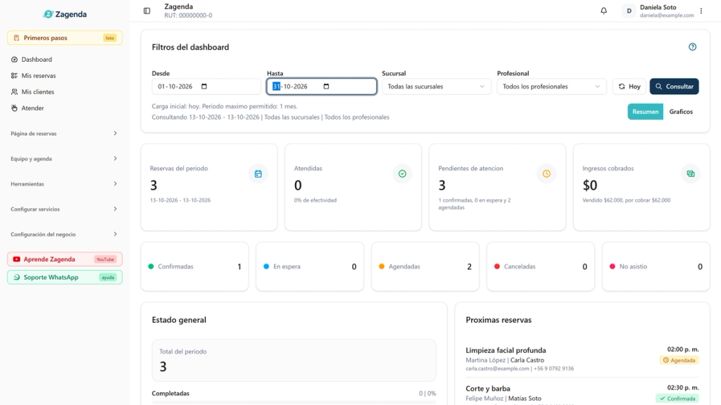 Filtros del dashboard con los campos Desde, Hasta, Sucursal y Profesional destacados