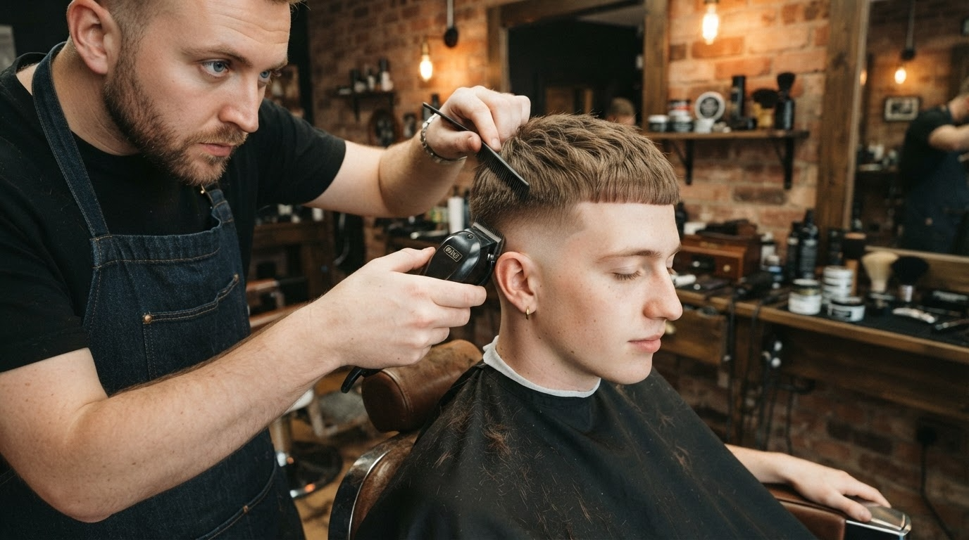 peluquero cortando el cabello de un hombre con el estilo crop fade