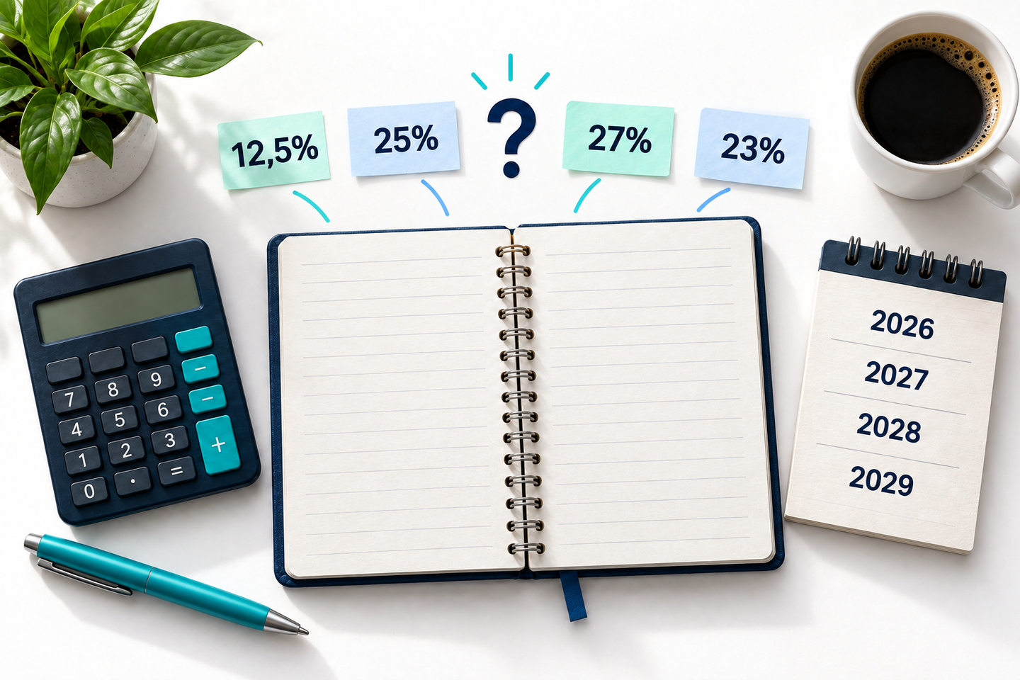 Escritorio con libreta, calculadora y calendario 2026-2029, con cuatro etiquetas que muestran 12,5%, 25%, 27% y 23% y un signo de interrogación.