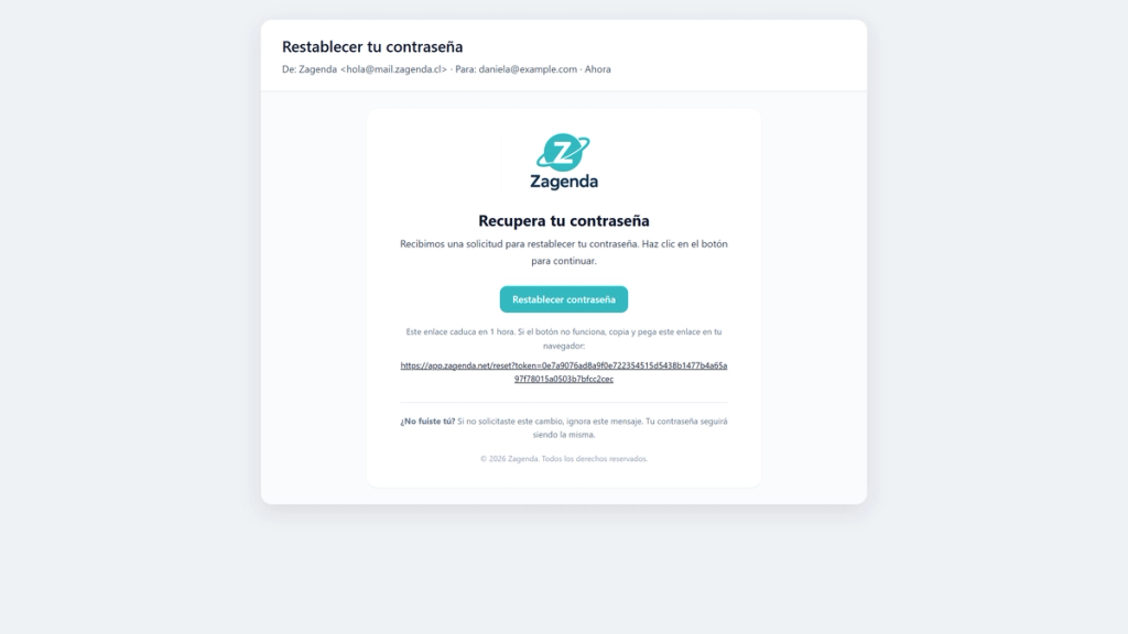 Correo de Zagenda con el asunto Restablecer tu contraseña, el título Recupera tu contraseña y el botón Restablecer contraseña