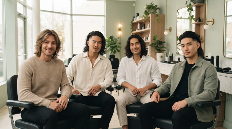 cuatro hombres con cortes de cabello largo