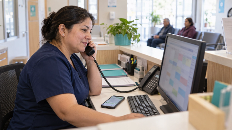 Administrativa de un centro de salud habla por teléfono con un paciente mientras revisa la agenda del día siguiente en el computador, con un celular al lado.