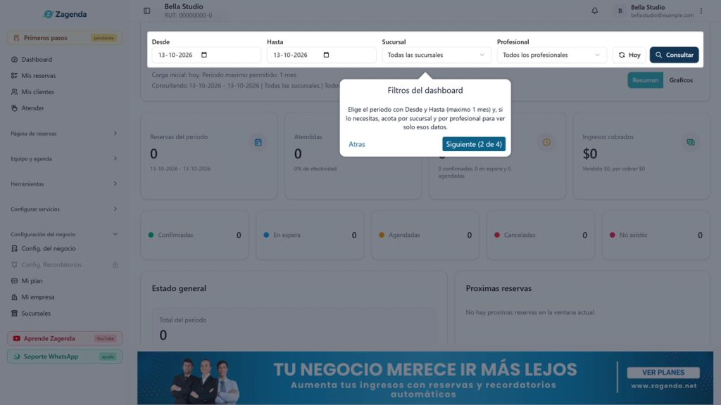 Paso del recorrido guiado del Dashboard, Aplicar los filtros, con los botones Atras y Siguiente (3 de 4)
