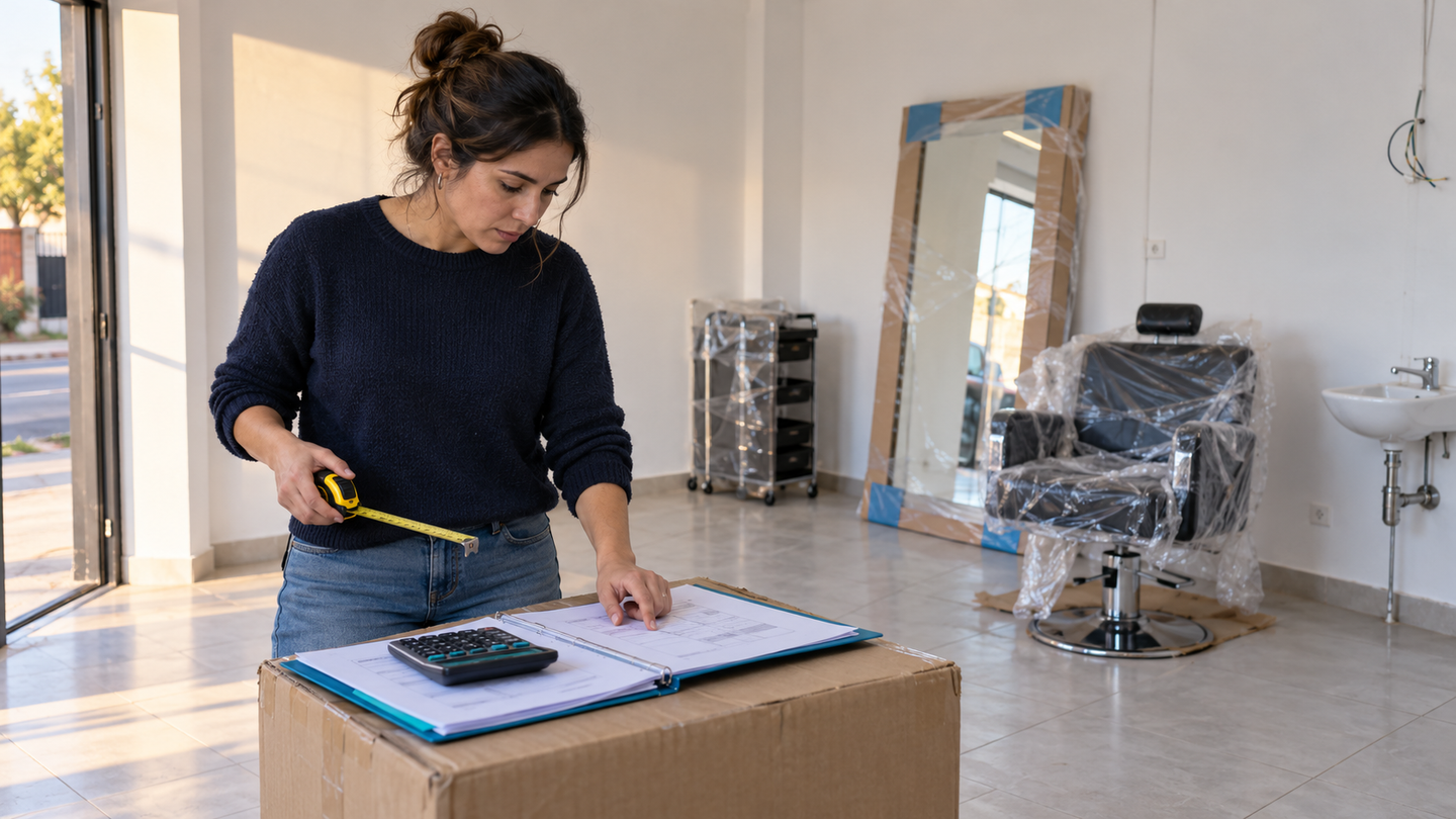 "Mujer mide un local comercial vacío con una huincha mientras revisa una planilla y una calculadora, con un sillón de peluquería y un espejo embalados al fondo.