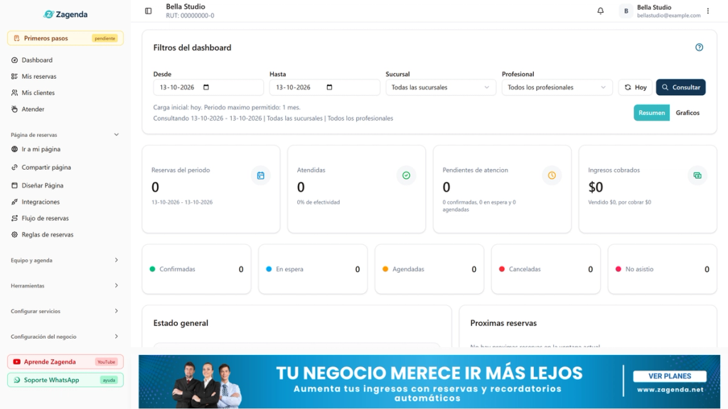 Grupo Página de reservas abierto con las opciones Ir a mi página, Compartir página, Diseñar Página, Integraciones, Flujo de reservas y Reglas de reservas