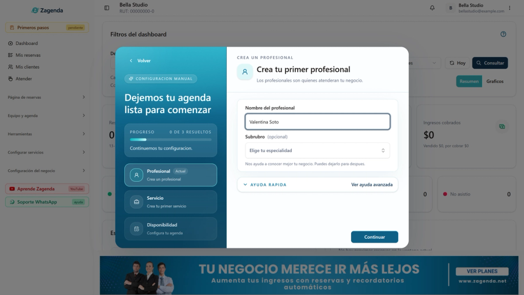 Paso Crea tu primer profesional con el campo Nombre del profesional destacado y el nombre Valentina Soto escrito
