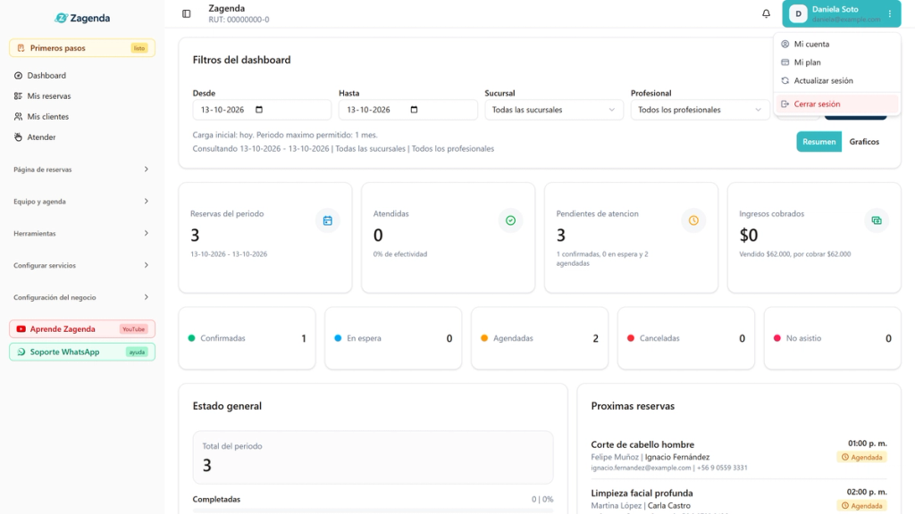 Menú de usuario abierto arriba a la derecha del panel, destacado, con las opciones Mi cuenta, Mi plan, Actualizar sesión y Cerrar sesión.