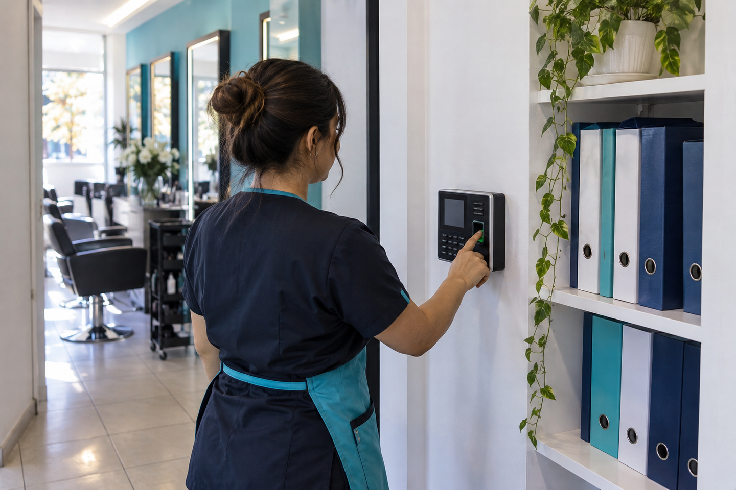 Trabajadora de un salón acercando el dedo a un reloj control con lector de huella, junto a un estante con carpetas de personal