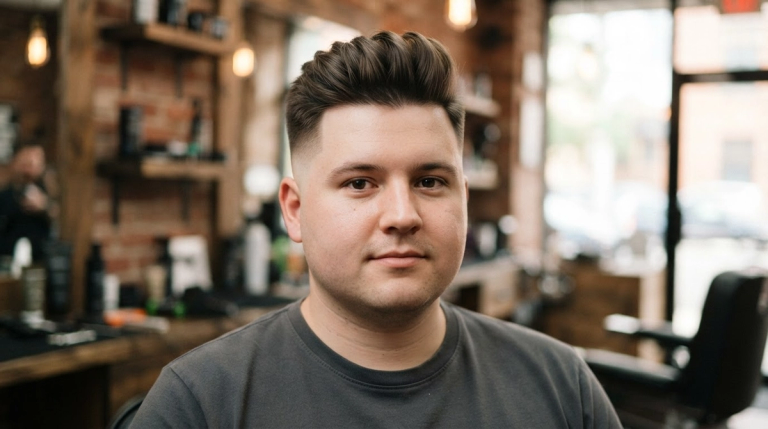 hombre de rostro redondo con corte de cabello estilo Fade alto con volumen arriba