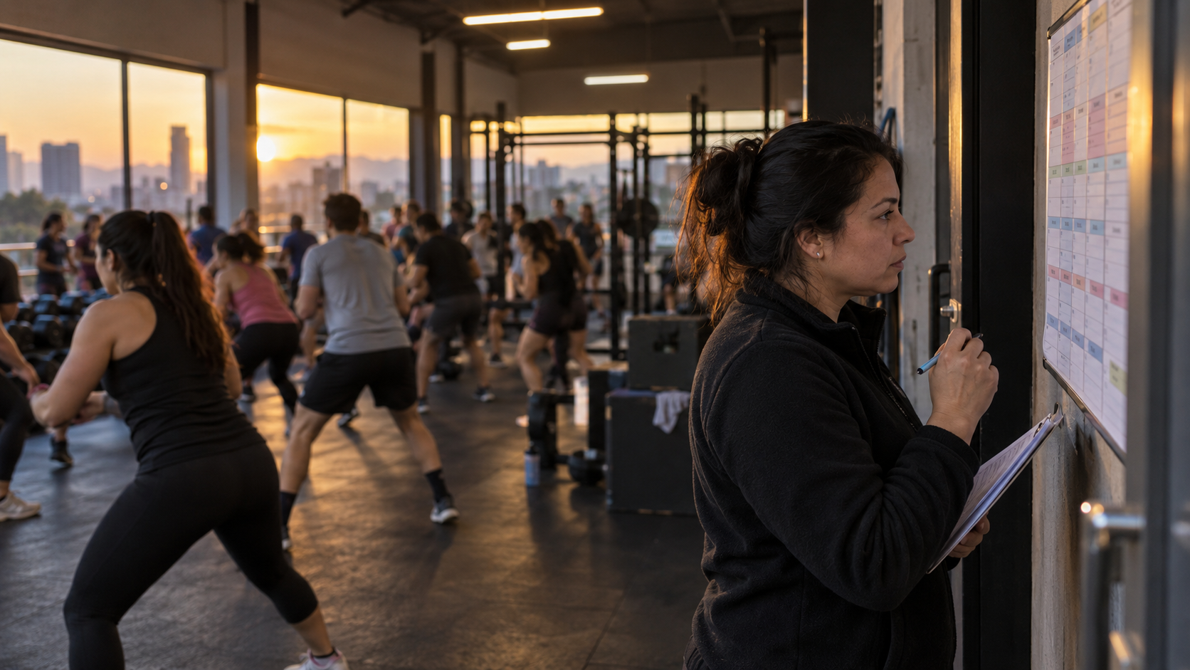 Encargada de un gimnasio revisa la planilla de horarios en la pared mientras al fondo se desarrolla una clase grupal con la sala llena al final de la tarde
