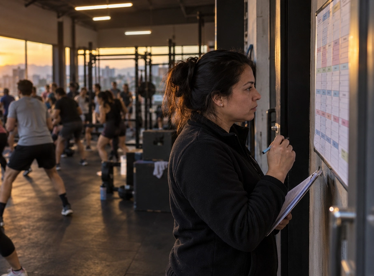 Encargada de un gimnasio revisa la planilla de horarios en la pared mientras al fondo se desarrolla una clase grupal con la sala llena al final de la tarde