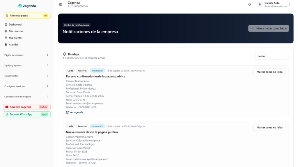 Filtro de la Bandeja abierto y destacado, con las opciones Todas, No leídas y Leídas