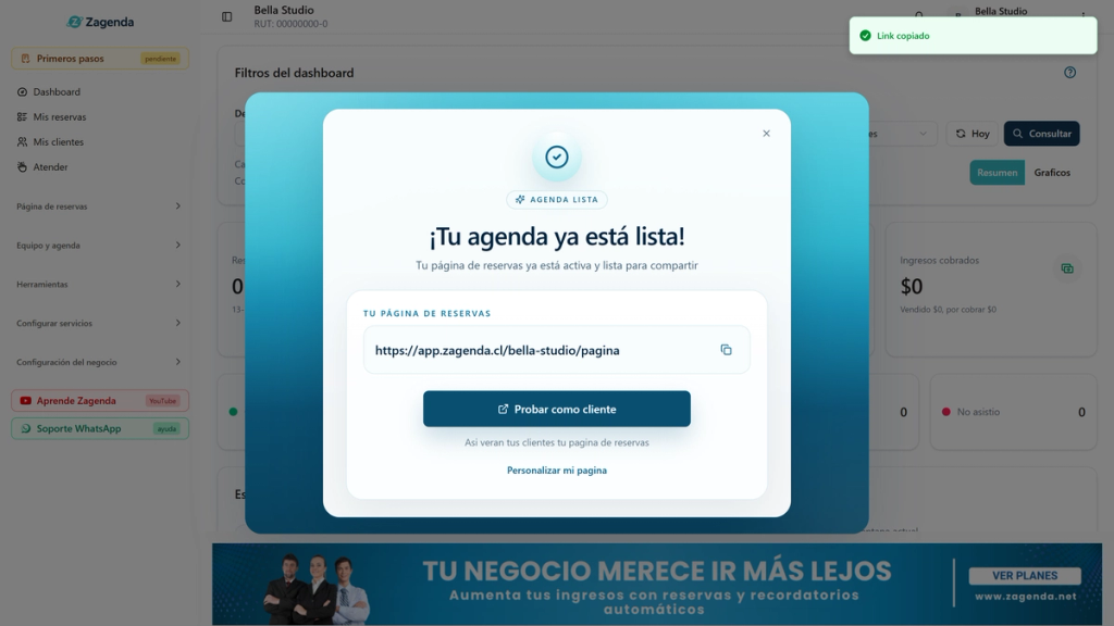 Pantalla ¡Tu agenda ya está lista! con el botón Probar como cliente destacado