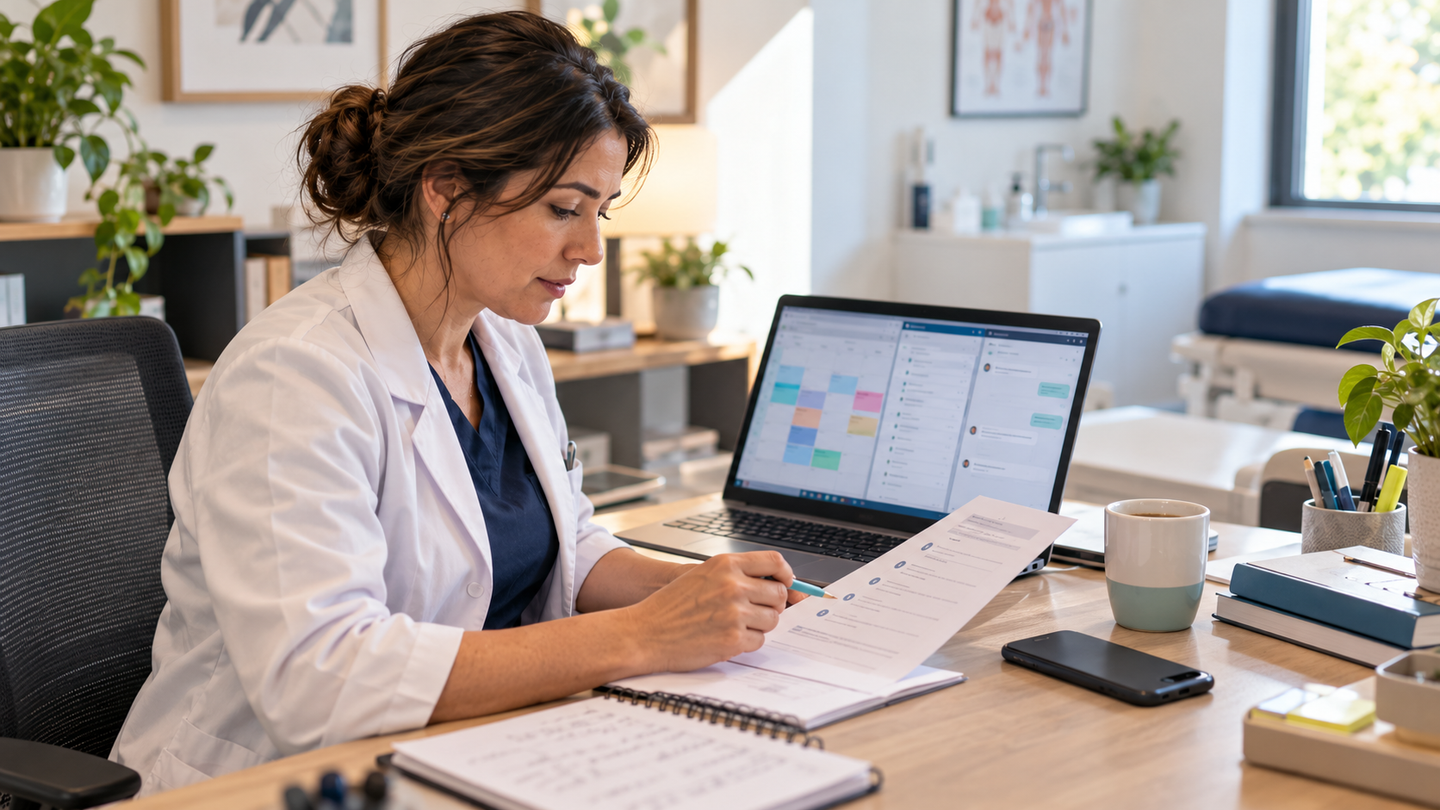 Profesional de salud revisa con un lápiz una lista de preguntas impresa frente a un notebook que muestra una agenda, una bandeja de correo y una ventana de chat.
