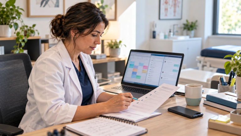 Profesional de salud revisa con un lápiz una lista de preguntas impresa frente a un notebook que muestra una agenda, una bandeja de correo y una ventana de chat.
