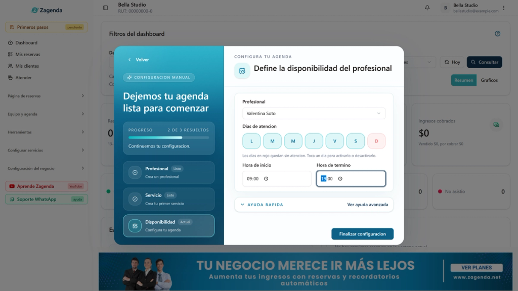 Paso Define la disponibilidad del profesional con los Dias de atencion destacados, el domingo en rojo y el horario de 09:00 a 19:00