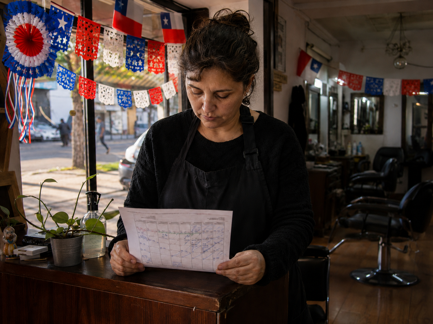 Dueña de una peluquería revisa la planilla impresa de turnos en el mesón de recepción, con el salón vacío al final del día.