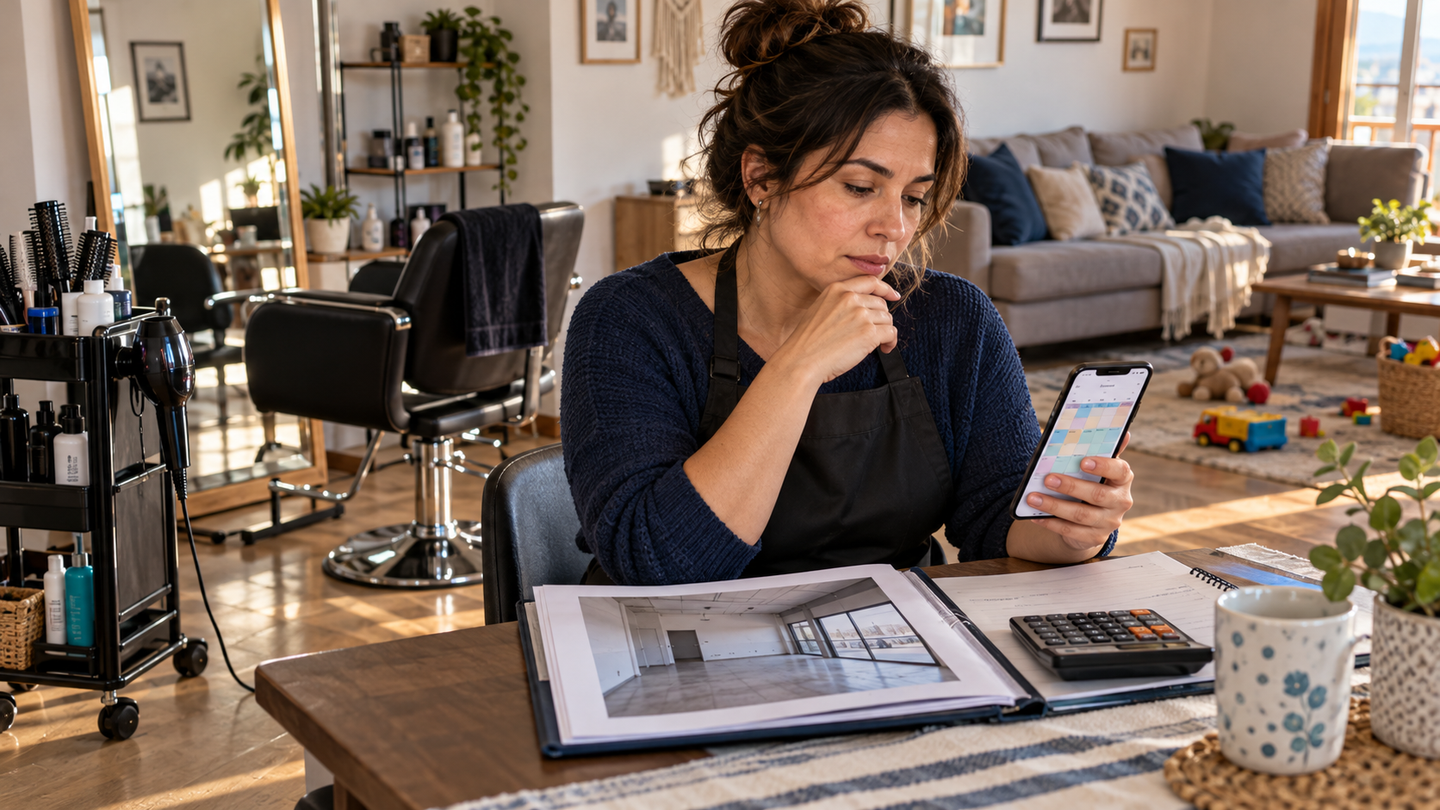 Estilista sentada en su casa revisa en el celular una agenda llena, junto a una carpeta con la foto de un local en arriendo y una calculadora; detrás, un puesto de peluquería instalado en el living.