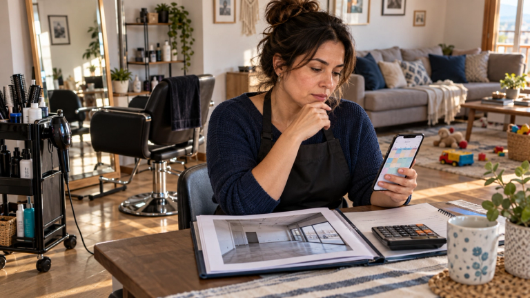 Estilista sentada en su casa revisa en el celular una agenda llena, junto a una carpeta con la foto de un local en arriendo y una calculadora; detrás, un puesto de peluquería instalado en el living.