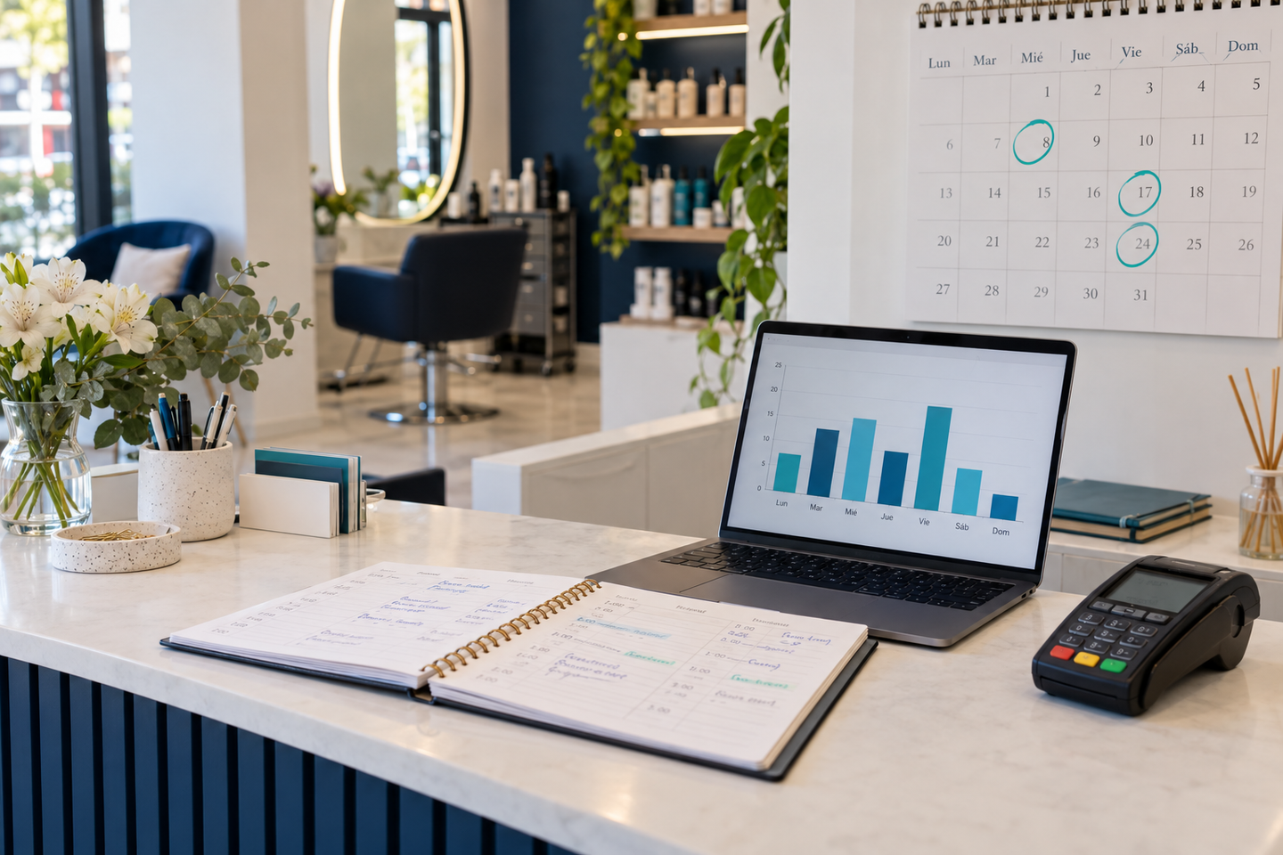 Mostrador de recepción con una agenda abierta, un notebook con un gráfico semanal, un terminal de pago y un calendario con tres fechas marcadas.