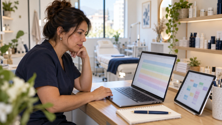 Dueña de un pequeño negocio de servicios revisa en un notebook una lista de clientes agrupada por colores, junto a una tablet con la agenda de la semana