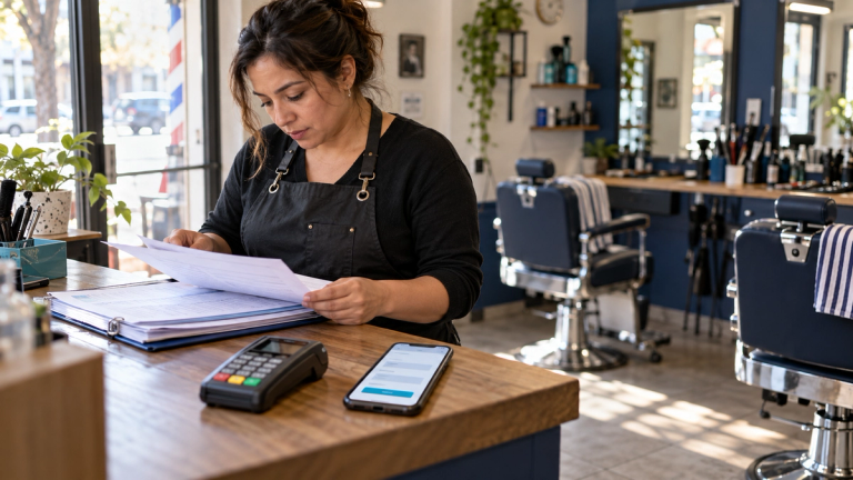 Dueña de un salón revisa documentos y un formulario en su celular sobre el mesón de recepción, junto a una máquina de pago, con los sillones vacíos al fondo.