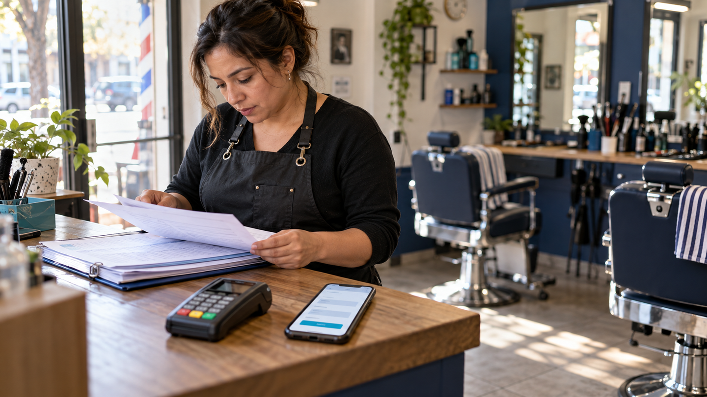 Dueña de un salón revisa documentos y un formulario en su celular sobre el mesón de recepción, junto a una máquina de pago, con los sillones vacíos al fondo.