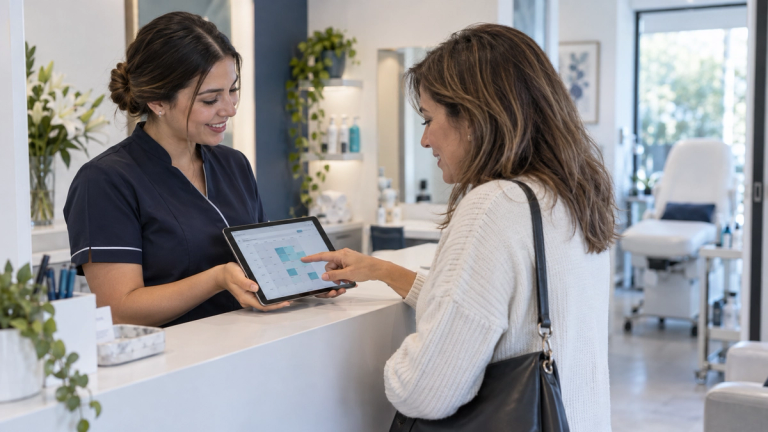 Recepcionista muestra en una tablet los horarios disponibles a una clienta que elige su próxima cita en el mostrador de un salón.