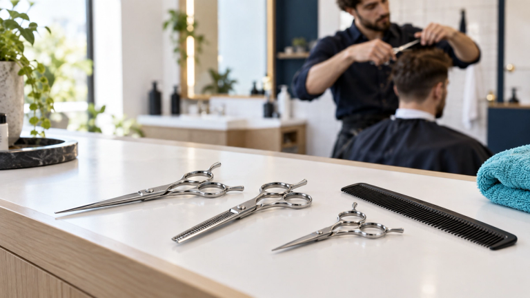 Tres tijeras de barbería —una recta larga, una de entresacar con dientes y una corta— junto a un peine sobre una estación de trabajo, con un barbero cortando con tijera y peine al fondo.