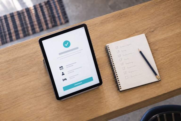 Tablet sobre un mesón de recepción mostrando una pantalla de confirmación de reserva, junto a una libreta con una lista de verificación