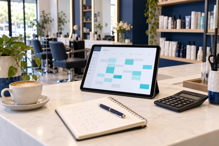 Mostrador de un salón con una tablet que muestra una agenda semanal con bloques ocupados y libres, junto a una libreta con un cálculo escrito a mano y una calculadora.