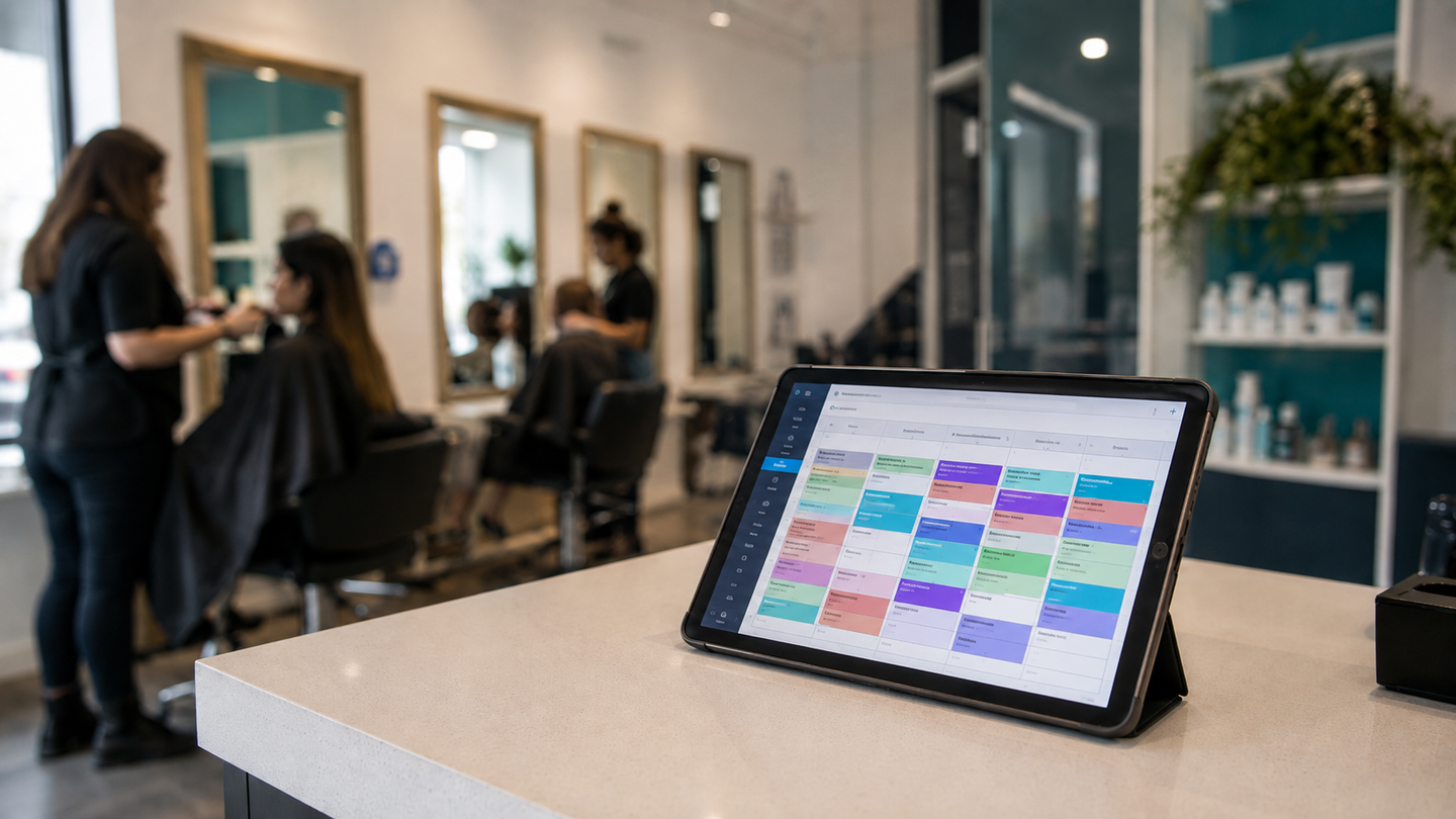 Mesón de recepción de una peluquería con una tablet que muestra una agenda de reservas por horarios, y sillones de trabajo desenfocados al fondo.