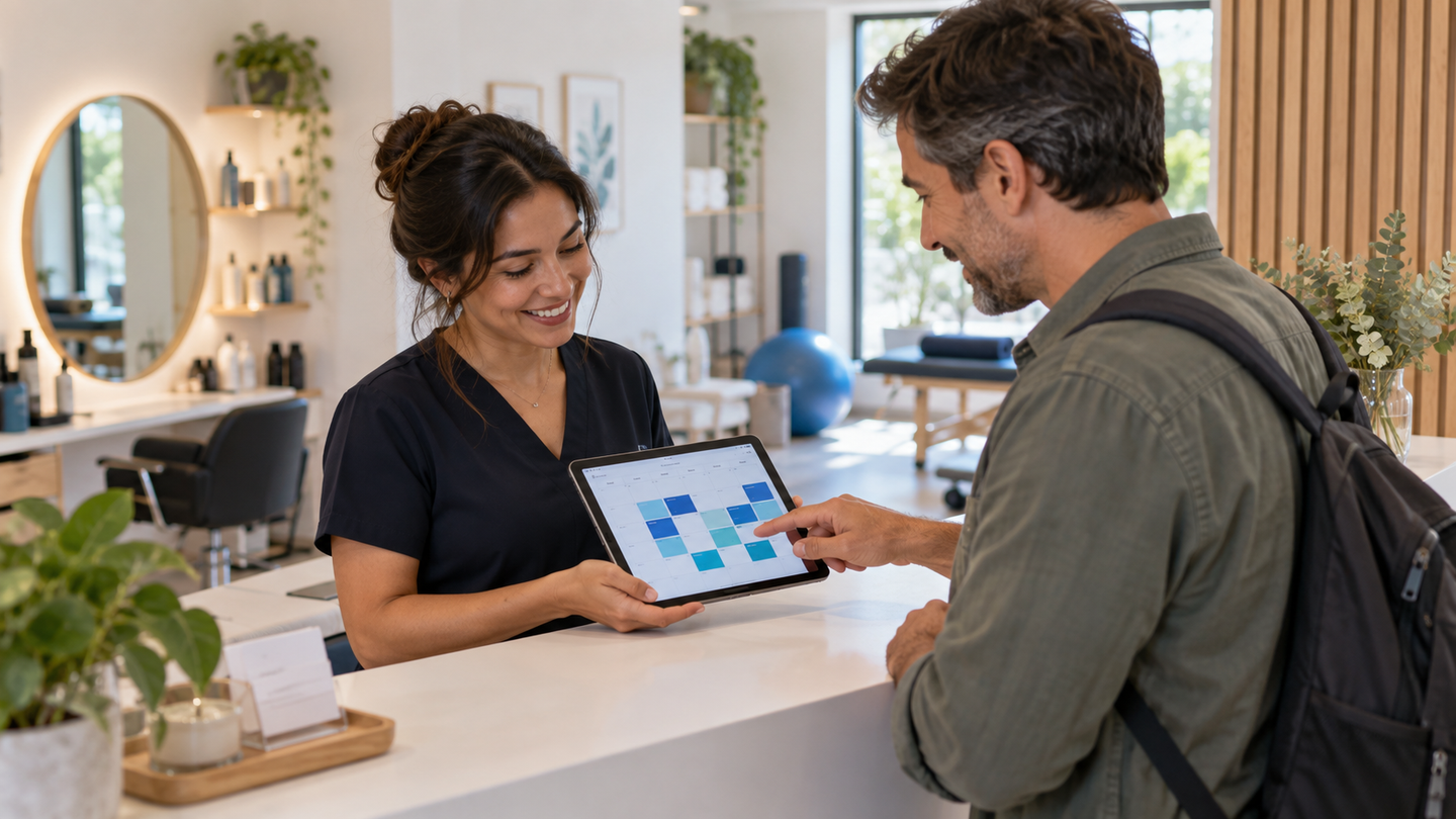 Profesional muestra en una tablet su agenda semanal a un cliente que elige su próxima hora en el mostrador.
