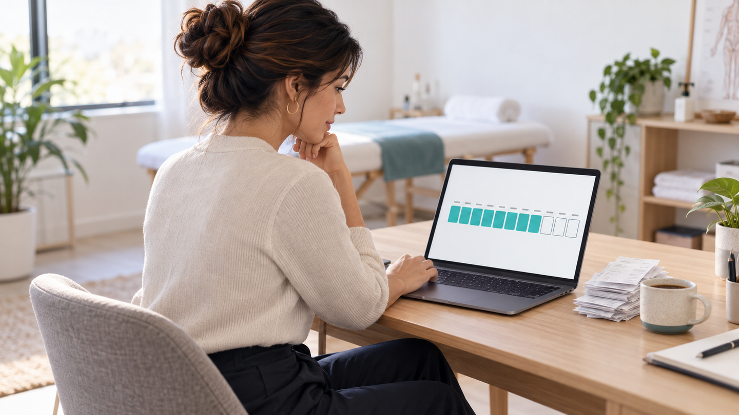 Profesional independiente revisa en su notebook un calendario de doce meses en el que algunos meses aparecen vacíos.