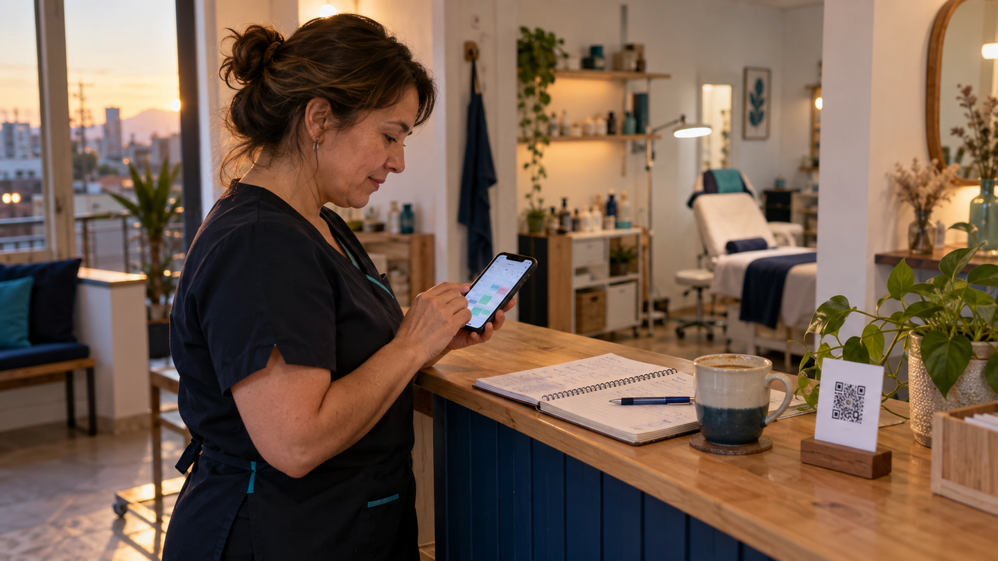 Dueña de un pequeño negocio de servicios revisa su agenda semanal en el celular junto a una libreta con anotaciones y una tarjeta con código QR sobre el mesón