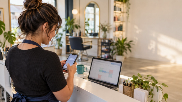 Encargada de un salón de belleza escribe un mensaje en su celular detrás del mesón de recepción, junto a un notebook abierto con la agenda de la semana.
