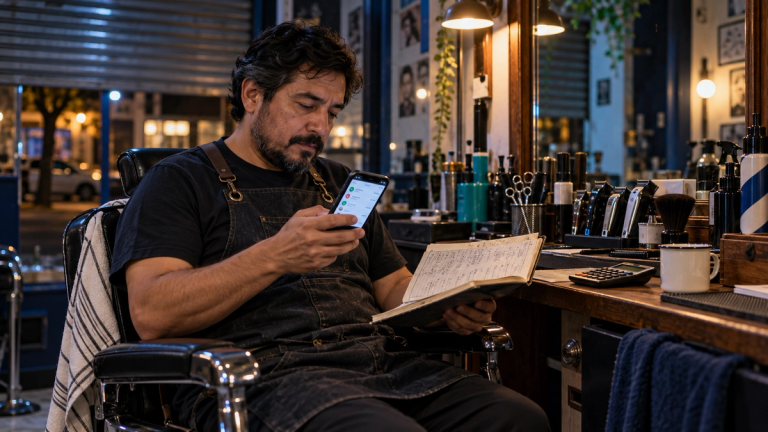 Barbero sentado en su sillón después de cerrar revisa movimientos bancarios en el celular y un cuaderno de citas escrito a mano.