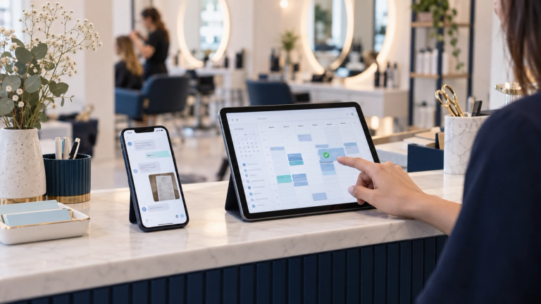 Sobre el mesón de un salón, un celular muestra un comprobante enviado por chat y, al lado, una tablet con la agenda donde una cita aparece marcada como pagada.