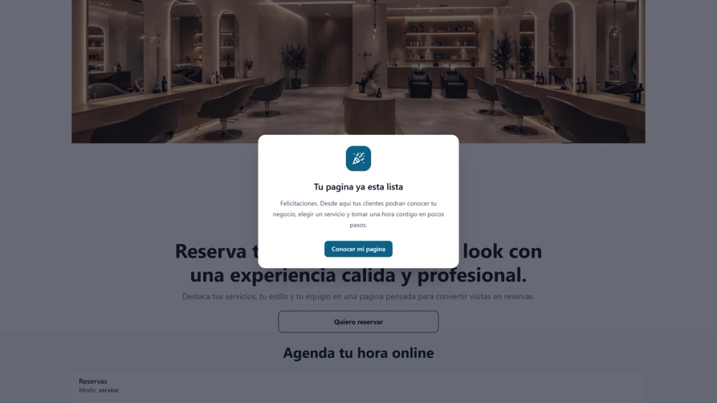 Página de reservas de Bella Studio con la foto del salón, el aviso Tu pagina ya esta lista y el título Agenda tu hora online