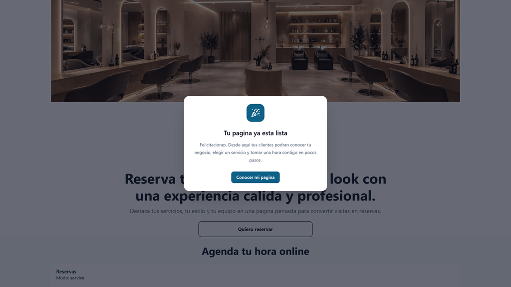 Página de reservas de Bella Studio con la foto del salón, el aviso Tu pagina ya esta lista y el título Agenda tu hora online