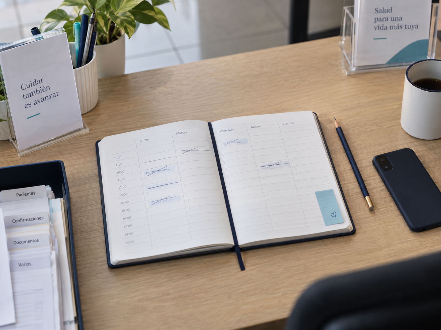 Agenda de papel abierta sobre el escritorio de recepción de una consulta, con bloques horarios marcados y algunas horas tachadas