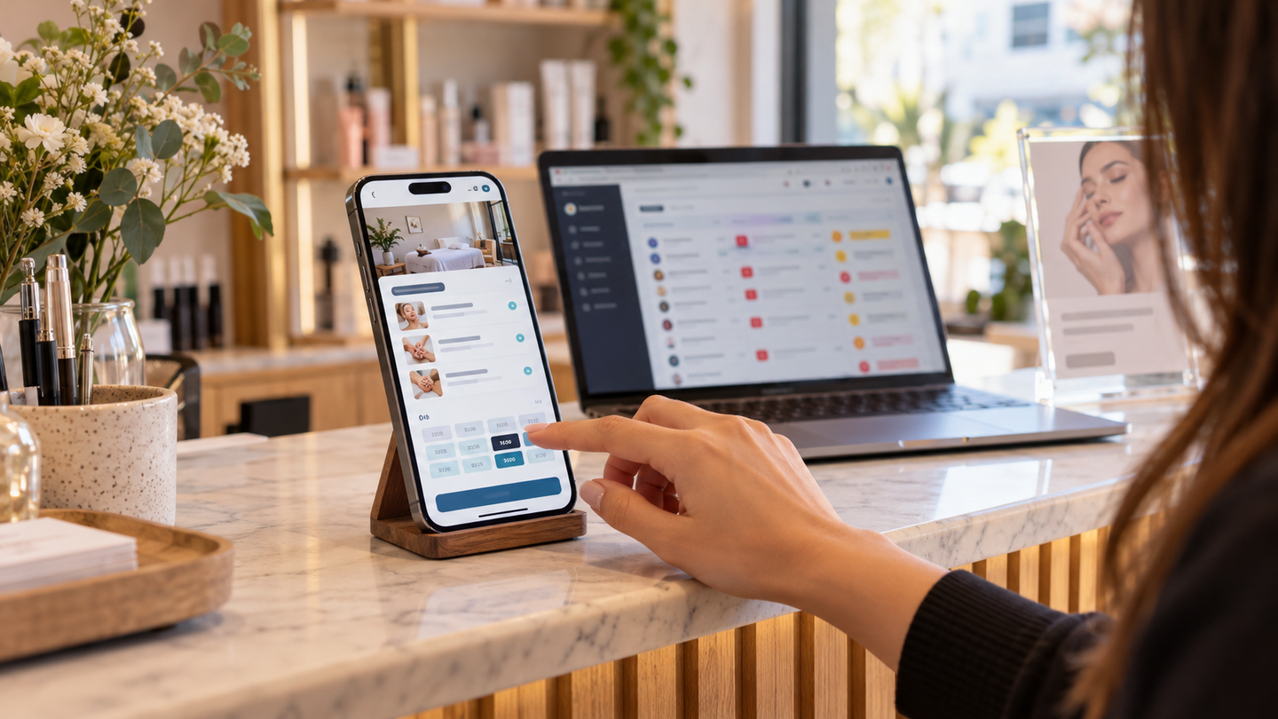 Celular sobre el mesón de un centro de estética con una página de reservas que muestra servicios y horarios disponibles; detrás, un notebook desenfocado con avisos de actualización.