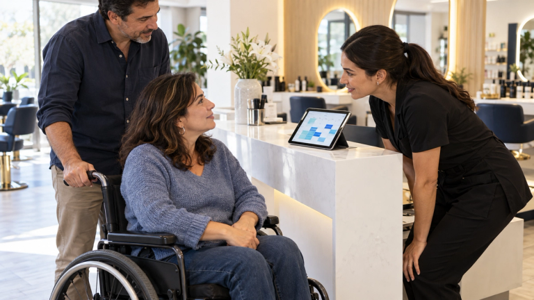 Recepcionista de un salón conversando a la altura de los ojos con una clienta en silla de ruedas y su acompañante, junto a una tablet con la agenda de reservas.