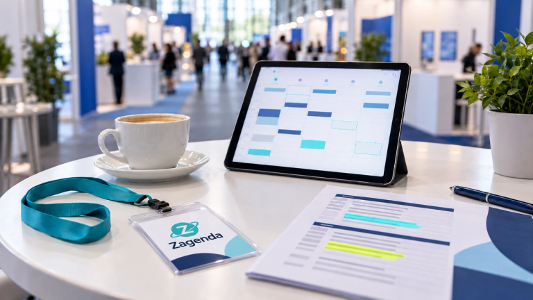 Credencial de evento, programa impreso con dos sesiones destacadas y una tablet con una agenda semanal sobre una mesa, con un pasillo de feria desenfocado al fondo