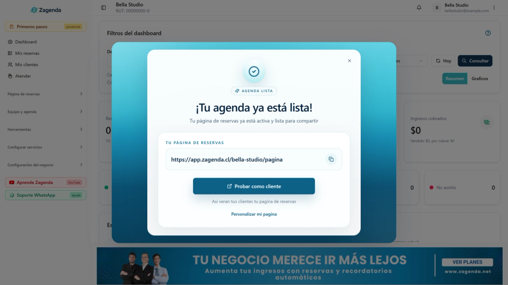 Pantalla ¡Tu agenda ya está lista! con la dirección de la página de reservas y el ícono de copiar destacado