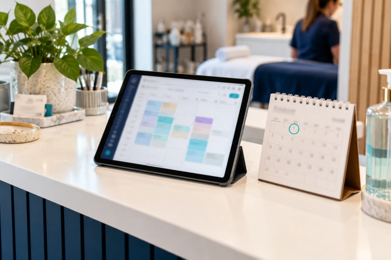 Tablet con una agenda de reservas sobre el mesón de recepción de un centro de estética, junto a un calendario con el 1 de diciembre marcado"