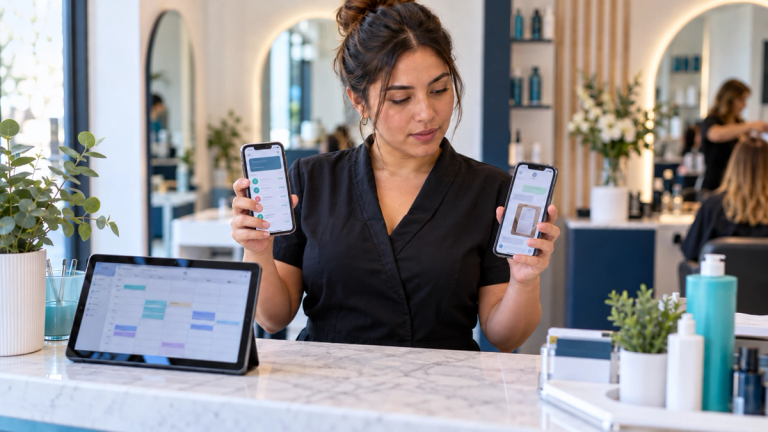 Recepcionista de un salón compara dos celulares: en uno, un comprobante recibido por chat; en el otro, la lista de movimientos de la cuenta del negocio.