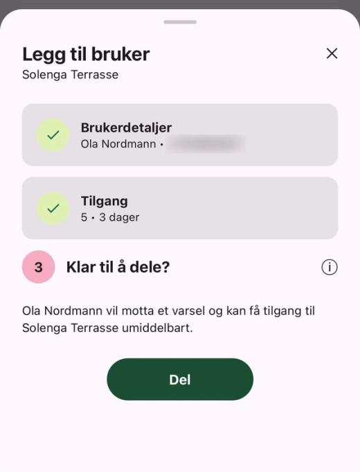 Siste trinn «Klar til å dele?» i «Legg til bruker» med brukerdetaljer, tilgang i 3 dager og knappen «Del»