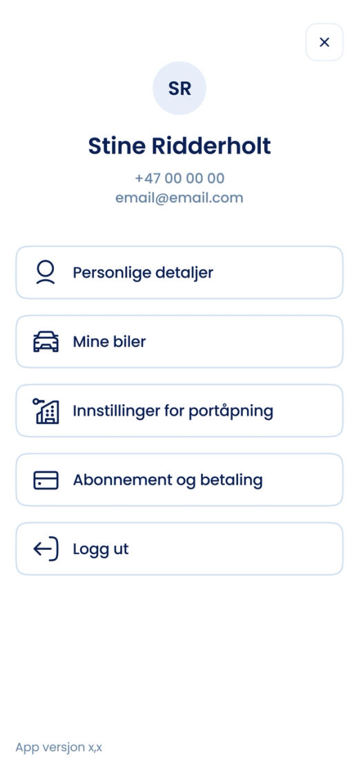 Norska profilmenyn med «Personlige detaljer», «Mine biler», «Innstillinger for portåpning» och «Abonnement og betaling»